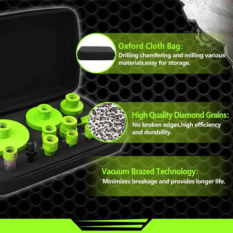 FACHLICH tile hole saw kit with 12 green diamond core bits in a case, sizes 1/4–4 in, includes finger and chamfer bits