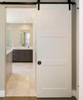 Round Recessed Privacy Door Lock With Keys For Sliding Doors, Matte Black Invisible Pocket Hardware, installed on white door.