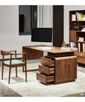 Kickass Executive Desk With Three Smooth Drawers And Raised Monitor Stand Perfect For Your Prime Home Office Or Gaming Rig In Rich Black Walnut Wood Finish 143 Cm Wide, shown with monitor and chair.