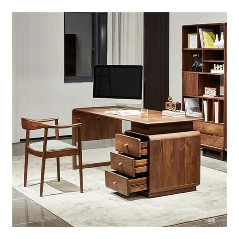 Kickass Executive Desk With Three Smooth Drawers And Raised Monitor Stand Perfect For Your Prime Home Office Or Gaming Rig In Rich Black Walnut Wood Finish 143 Cm Wide, shown with monitor and chair.