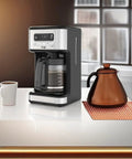 14 Cup Programmable Coffee Maker In Stainless Steel With 1 To 4 Cup Small Batch Setting And Grab A Cup Auto Pause on counter