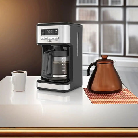 14 Cup Programmable Coffee Maker In Stainless Steel With 1 To 4 Cup Small Batch Setting And Grab A Cup Auto Pause on counter
