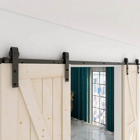 Installed 5.5 Foot Sliding Barn Door Hardware Kit Heavy Duty Track for Double Wood Doors