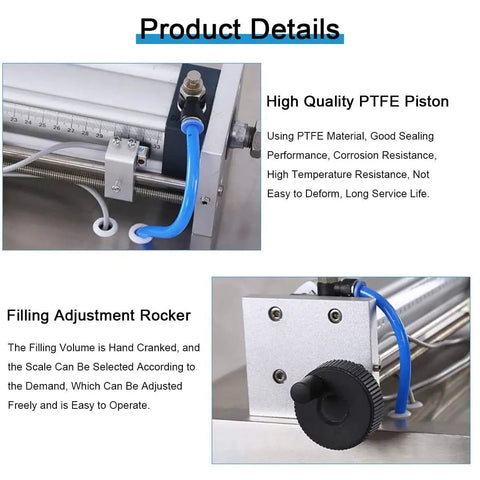 Heavy Duty Pneumatic Liquid Filler Machine showing high quality PTFE piston and filling adjustment rocker, 100ml precision build.