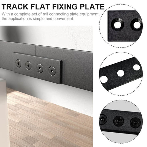 Sliding Barn Door Track Connection Plates Kit Black Carbon Steel Straight Brace Joints No Fuss Easy Install Connector Set For Smooth Door Mounting And Frame Fixes displayed with flat black plate and screws.