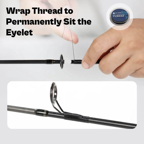 Fishing Rod Repair Kit With Epoxy Glue, Wrapping Thread, Clipper, And Masking Tape shows thread wrapping around rod eyelet