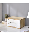 Solid Wood 4-Tier Desk Storage Box With Lockable Drawers on desk, next to lamp and cactus