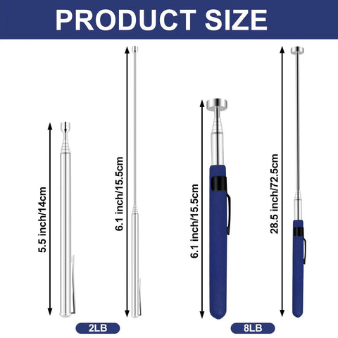 Dual Telescoping Magnetic Pickup Tool Set With 2Lb And 8Lb Magnets product size details on stainless steel retrieval sticks