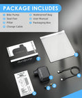 Package contents of Pocket Sized Electric Bike Pump With 100 PSI, Ultra Portable Road Bike Tire Inflator, Presta And Schrader Valve