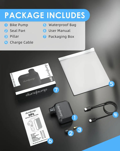 Package contents of Pocket Sized Electric Bike Pump With 100 PSI, Ultra Portable Road Bike Tire Inflator, Presta And Schrader Valve