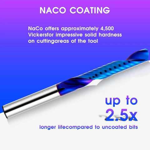 Upcut Spiral Router Bit, Pro Grade Carbide With Blue Coating, Single Flute, Flat Top, One Quarter Inch Shank, CNC Router Bit