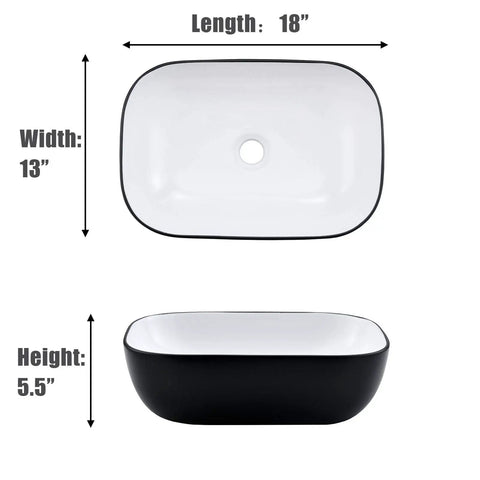 18x13 Inch Black Vessel Sink For Bathroom, Oval Ceramic Basin with durable glossy finish, top and side view with dimensions