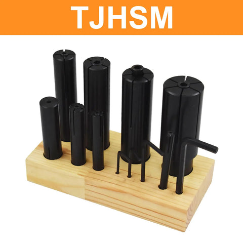 8 Piece Expanding Arbors Set For Lathe And Milling Machines One Quarter Inch To One And One Quarter Inch Capacity Mandrels Built To Last With A Workhorse Grip For Ring Mandrel Work And Smooth Tight Fits, black on wood base