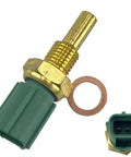 Engine coolant temperature sensor with brass threaded stem, green housing, copper washer (front and side views).