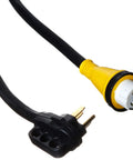 Beefy Heavy Duty Six Gauge Three Plus Eight Gauge One 25 Foot 50 Amp RV Power Cord With Twist Lock Connector And Grounding Pin Four Conductors Copper Wire NEMA 14 50P Male Plug To RV Receptacle For Safe Campground Power, showing yellow twist-lock connector and black male plug.