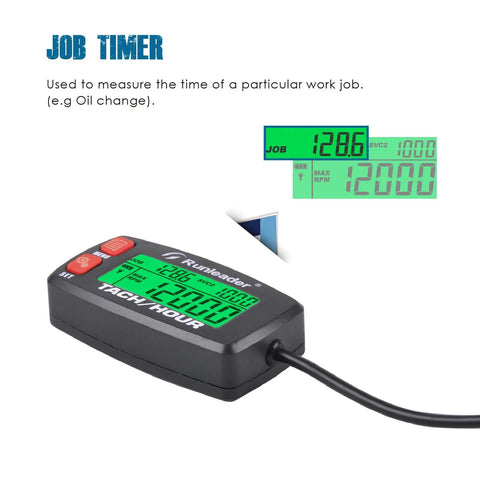 Hour Meter And RPM Tachometer With RPM Alert One Button Data Check Total Engine Hours Dual SVC And SVC2 Countdown Timers Resettable Job Timer Red Button Edition, black digital unit with cable