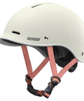 Urban Street Ready Adult Bike Helmet with Adjustable Dial Fit for Men and Women in white with pink straps, side view.