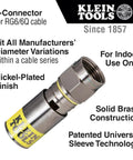 Klein Tools F-Connector for RG6/6Q coax, nickel-plated brass, close-up view