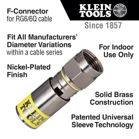 Klein Tools F-Connector for RG6/6Q coax, nickel-plated brass, close-up view