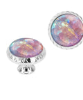 6 Piece Iridescent Pink Crystal Cabinet Knob Set With Silver Finish, rainbow mosaic drawer pulls on white background.