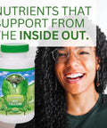 Bottle of Bio Calcium Chelated Mineral Complex With Magnesium Zinc Copper Potassium Boron For Boss Absorption And Bone Health Keeps Your Bones Dense And Strong Absorbable Calcium Supplement 120 Capsules next to smiling person.