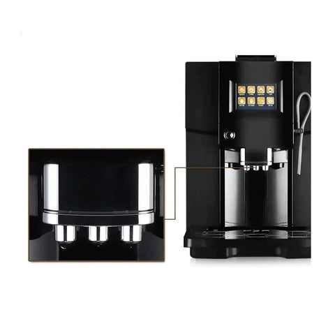 Detail view of Super Automatic Espresso Machine And Hot Water Dispenser Combo with chrome components and digital display.