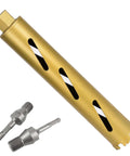 Angled side view of Amazon 2-inch dry core drill bit for concrete with two adapters; gold body