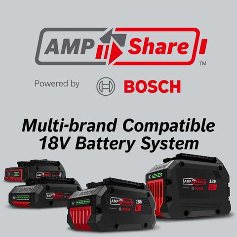 AMPShare multi-brand compatible 18V battery system with Bosch, shown with four 18V Bosch batteries displayed.