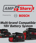 Image of multi-brand compatible 18V battery system by Bosch, featuring AMP Share branding and multiple battery packs.