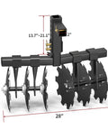 Heavy-Duty 28 Inch Disc Plow Harrow With Universal 2 Inch Receiver Hitch for ATV UTV, showing adjustable height and durable build