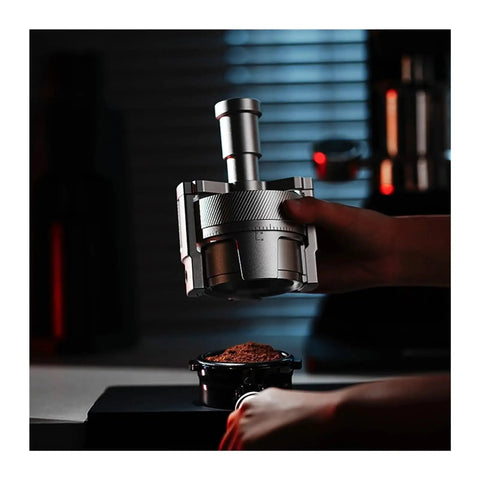Hit Your Sweet Spot With This Heavy Duty Wdt Needle Distributor Engineered For 58mm Espresso Portafilters To Crush Stubborn Clumps And Elevate Your Roast Game, silver WDT tool over espresso grounds.