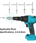 Cordless Rivet Nut Gun With Knockout Led Working Light And No Fuss One Hand Operation Hella Strong Copper Motor Plus Non Slip Silicone Handle For Quick Tight Sheet Metal Grind showcasing rivet sizes and specifications.