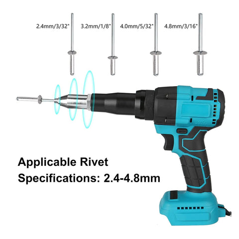 Cordless Rivet Nut Gun With Knockout Led Working Light And No Fuss One Hand Operation Hella Strong Copper Motor Plus Non Slip Silicone Handle For Quick Tight Sheet Metal Grind showcasing rivet sizes and specifications.