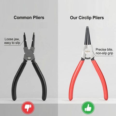 Comparison between common pliers and 4 Piece Snap Ring Pliers Set With Internal And External Circlip Pliers showing precise grip.