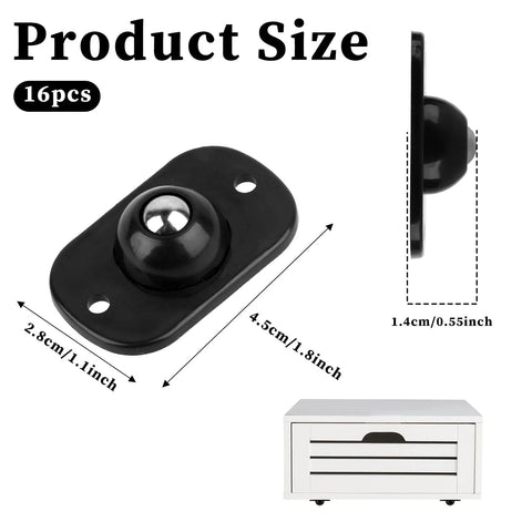 Dimensions and design of a single 16 Pcs Self Adhesive Mini Caster Wheels 360 Degree Swivel shown next to a storage box.