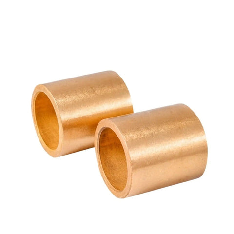 Close-up of two bushings from 10 Pack Brass Bushing Set 6mm ID Powder Metallurgy Oil Bearing Copper Bushing Wear Resistant Guide Bushing 6x10x16mm For Machinery And DIY Projects Heavy Duty Replacement.
