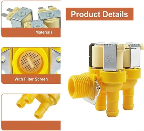 Washing Machine Solenoid Valve Replacement Kit F8286401 No Hassle Direct Fit For Compatible Washers Durable Dual Material Housing Easy Install Verify Model Compatibility With Your Manufacturer Size Chart, yellow valve with filter screen