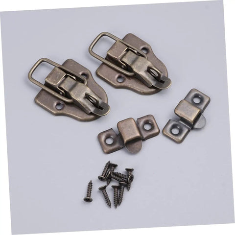 Vintage Wooden Box Hasps And Cabinet Toggle Latches Set 2 Pack Antique Brass Duckbilled Catch screws shown