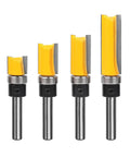 4 Piece Flush Trim Router Bit Set With Top Bearing Carbide Cutters for precise routing work on plywood hardwood and softwood.