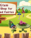Colorful fairy garden scene with gnomes, fairies, and animals, featuring a sign reading 'One Stop Shop for Gnomes and Fairies'.