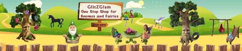 Colorful fairy garden scene with gnomes, fairies, and animals, featuring a sign reading 'One Stop Shop for Gnomes and Fairies'.