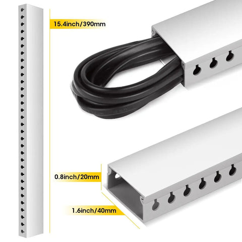 No Sweat Easy Peel And Stick Cable Management Kit Open Slot Raceway Duct with Cover, hiding wires, dimensions shown
