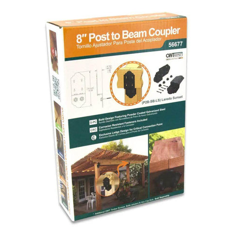 The Ozco Building Products Laredo Sunset Post To Beam Coupler Kit Features Corrosion Resistant Coated Steel And Includes Two Base Plates Plus Two Top Plates With Hex Cap Nuts And Timber Screws Ideal For Saw Horses And Deer Stand Projects. Boxed 8-inch coated steel post-to-beam coupler kit for outdoor beam connections