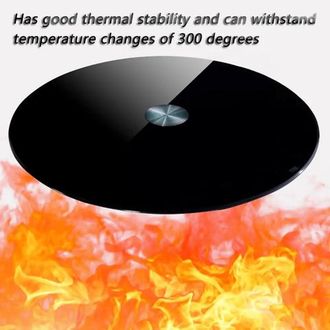Built Tough Turntable With Tempered Glass Tray for Dining Tables showing heat resistance with flames underneath.