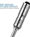 Close-up of LED Lighted Stainless Steel Mouth Mirror handle with anti-skid ripples for teeth inspection and plaque removal