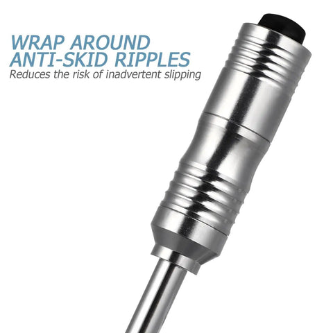 Close-up of LED Lighted Stainless Steel Mouth Mirror handle with anti-skid ripples for teeth inspection and plaque removal