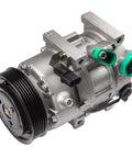 Top Notch Air Conditioning Compressor Replacement Compatible With 2012 To 2018 Hyundai Sonata And Kia Optima 2.0l And 2.4l Engines, silver compressor with six groove pulley and green connectors.