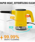 Heavy Duty Handheld Steam Cleaner With Smart Led Display And No Sweat Continuous Trigger Lock For Whole House Deep Cleaning Includes 16 Piece Accessory Kit For Kitchens Floors And Upholstery Quick Heat Ergo Handle on a marble surface, showing temperature indicators.