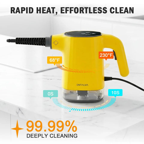 Heavy Duty Handheld Steam Cleaner With Smart Led Display And No Sweat Continuous Trigger Lock For Whole House Deep Cleaning Includes 16 Piece Accessory Kit For Kitchens Floors And Upholstery Quick Heat Ergo Handle on a marble surface, showing temperature indicators.
