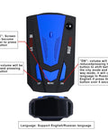 Front view of 360 Degree Radar Detector With GPS Speed Trap Alerts, 16 Band Voice Warnings, blue design, labeled buttons visible